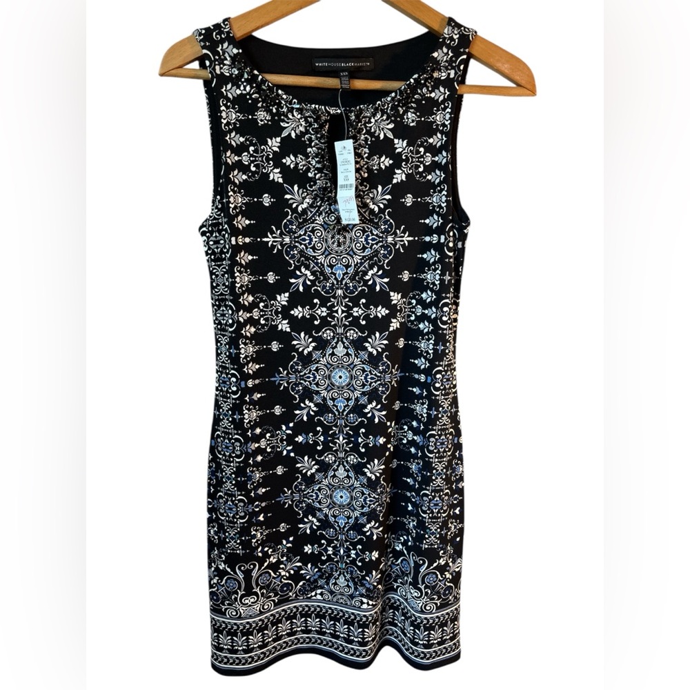 NWT White House Black Market Medallion Print Shift Dress Embellished Black XXS
